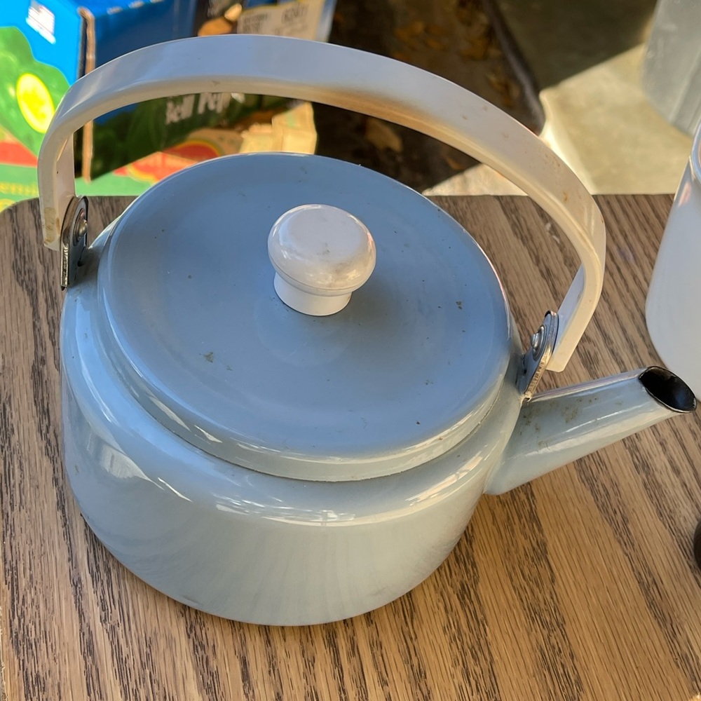 Blue and White Enamel Teapot Tea Kettle Vintage